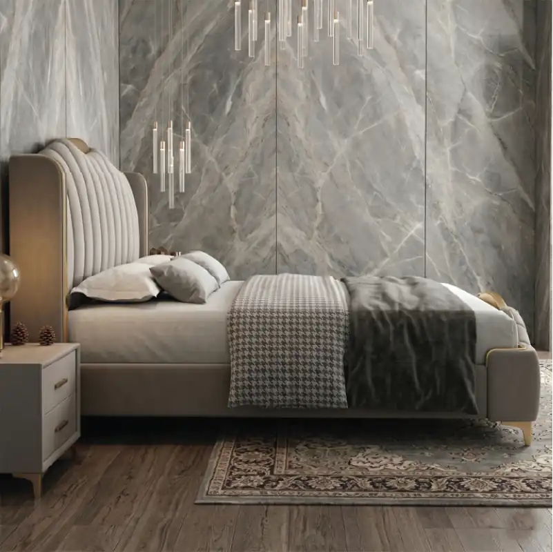 luxury bed shown in a spacious bed layout with wide side-panel headboard alternate front angle