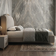 luxury bed shown in a spacious bed layout with wide side-panel headboard alternate front angle