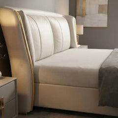 wingback bed shown in a spacious bed layout with wide padded headboard alternate front angle