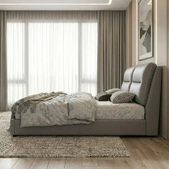 upholstered storage bed side profile with cushioned frame edges with cushioned headboard