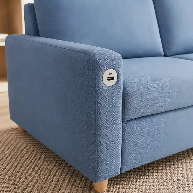 compact sofa bed showing the sofa-to-bed conversion with USB charging