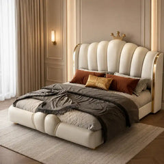 upholstered bed with headboard shown in a compact double-bed layout with vertical padded panels