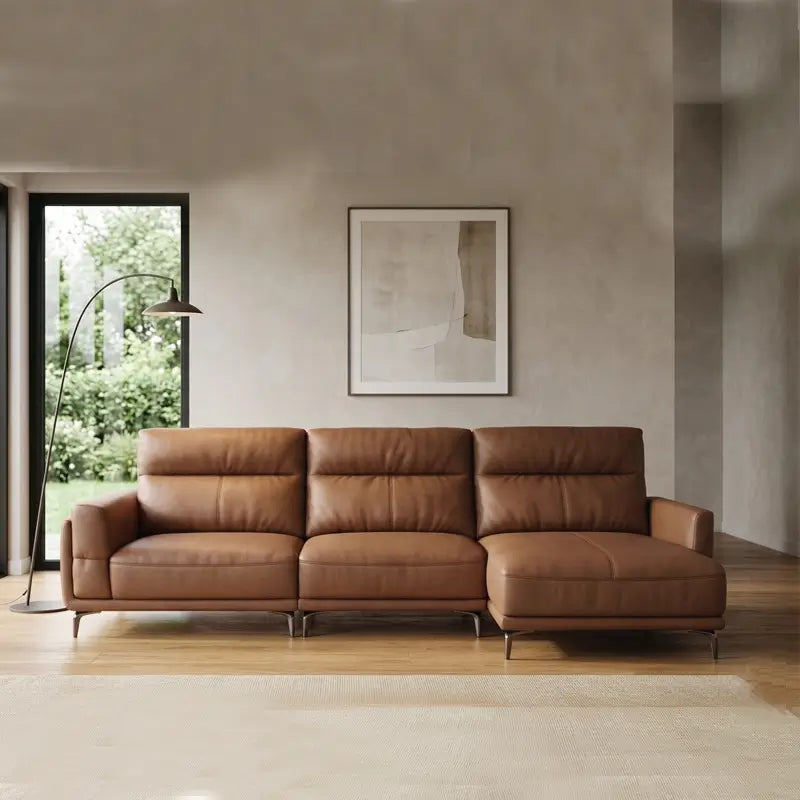 L shape sofa set with wide padded arms and elevated metal legs, close-up of seat cushions