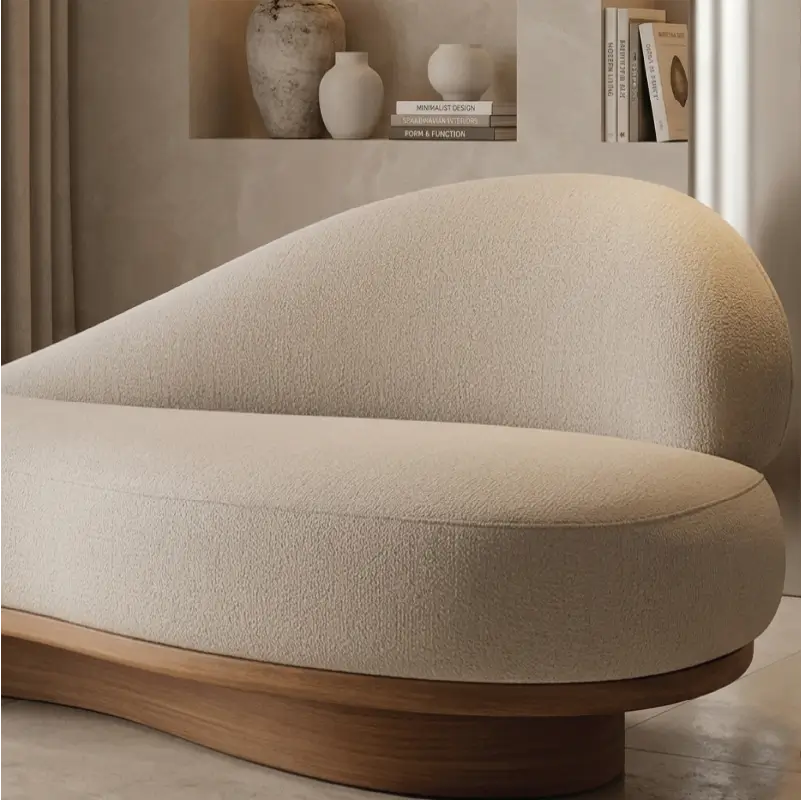 Lounge sofa with curved wooden base and asymmetrical backrest, full seating layout