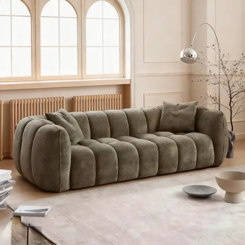 3 seater fabric sofa with front view with channel-tufted cushioning, backrest detail