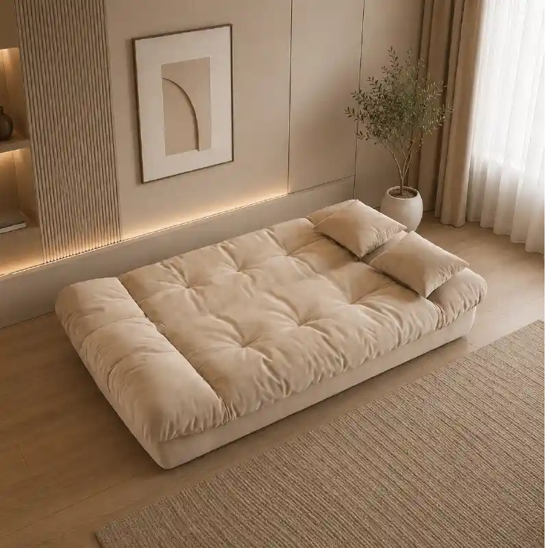 sofa bed folding showing the sofa-to-bed conversion with fold-down padded backrest
