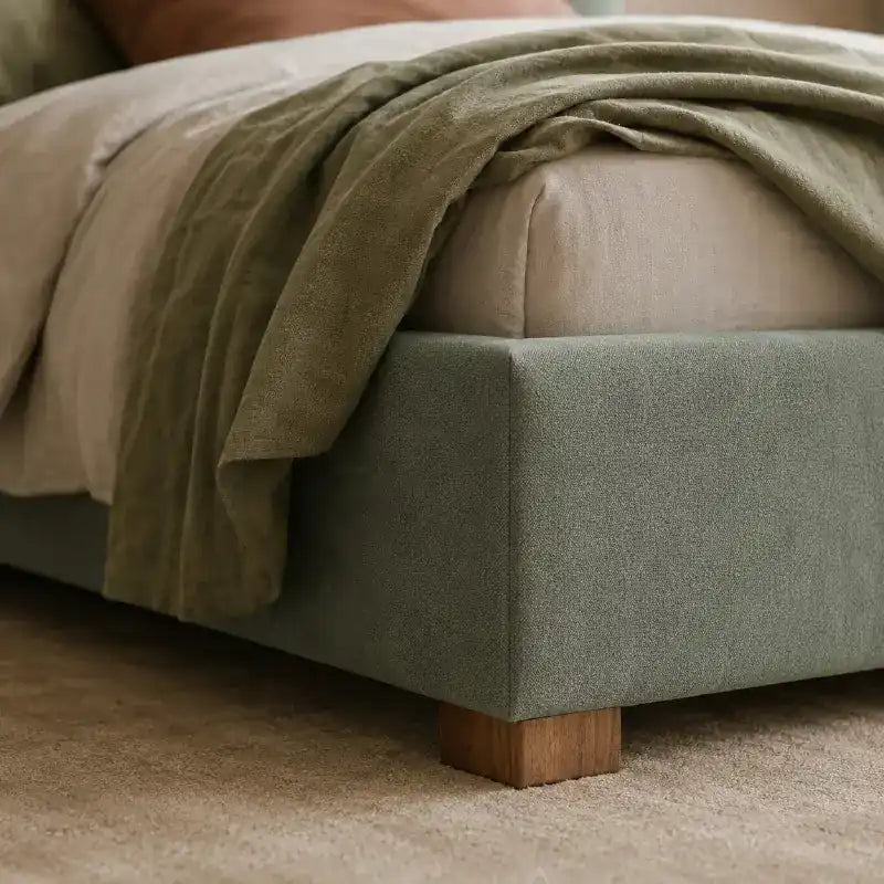 platform bed shown in a compact double-bed layout with rounded arch headboard
