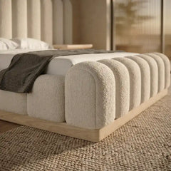 luxury bed showing the lift-up storage area with soft textured fabric