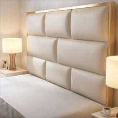 queen size bed frame shown in a compact double-bed layout with geometric padded headboard