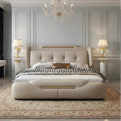 leatherette bed shown in a spacious bed layout with deep button-padded headboard