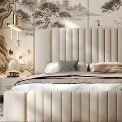 double bed cot shown in a spacious bed layout with tall padded headboard alternate front angle