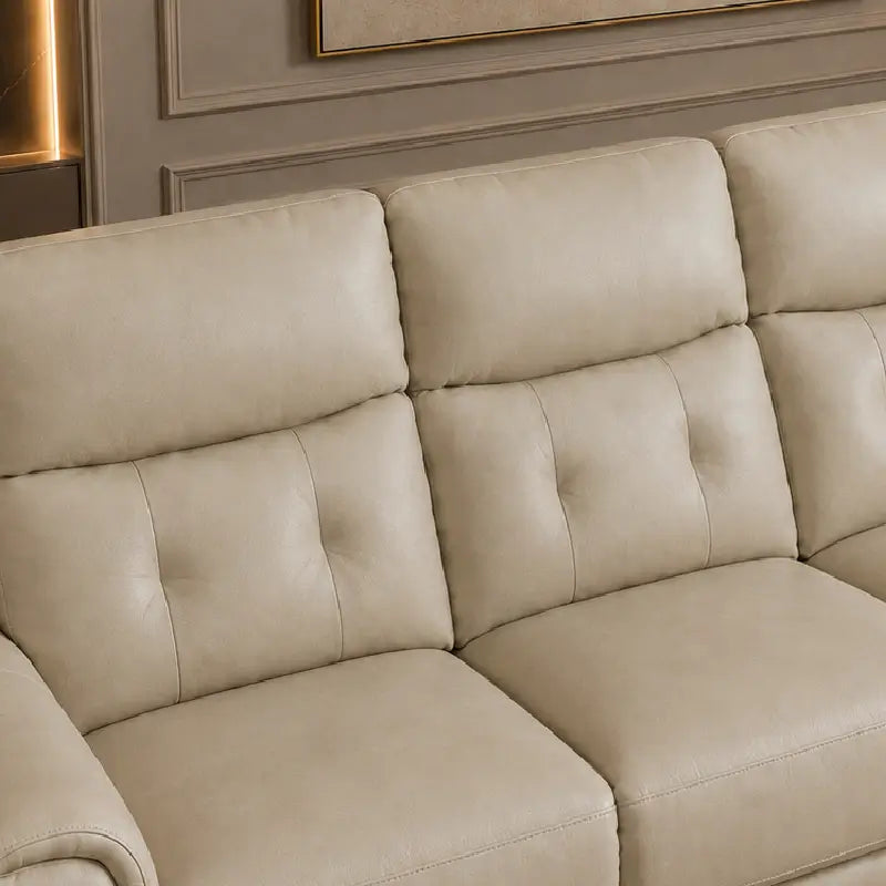 Recliner sofa set with high back support and cushioned headrest, close-up of seat cushions