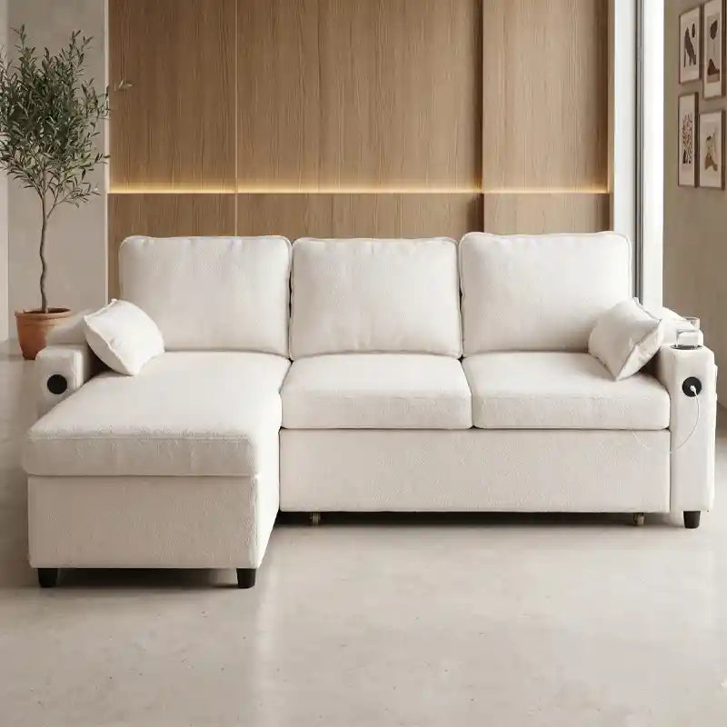 pull out sofa bed full seating layout with padded back support with cup holders