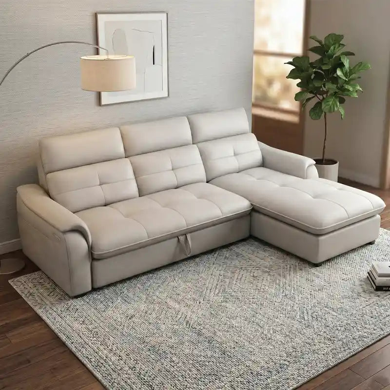 l shape sofa bed showing the built-in storage compartment with USB charging alternate front angle