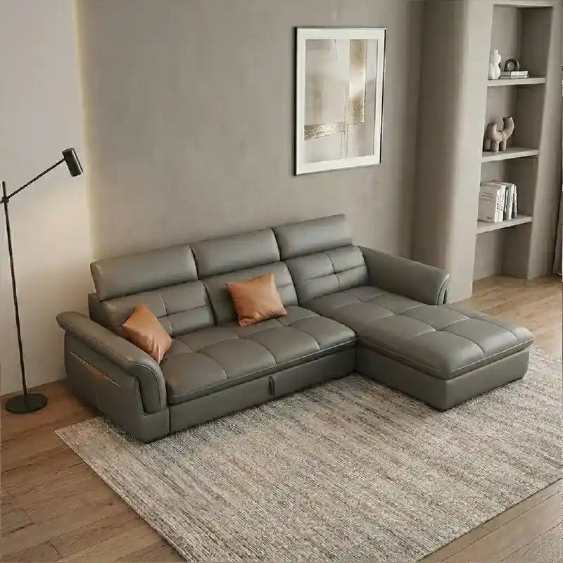 leatherette sofa bed showing the built-in storage compartment with storage lounger