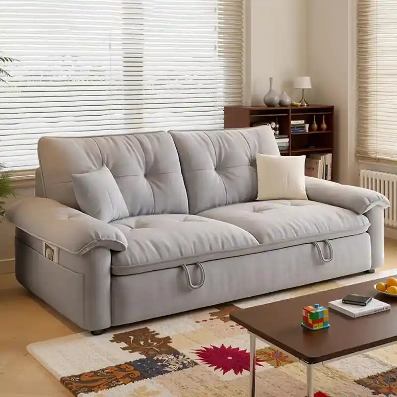 pull out sofa bed showing the built-in storage compartment with high back support