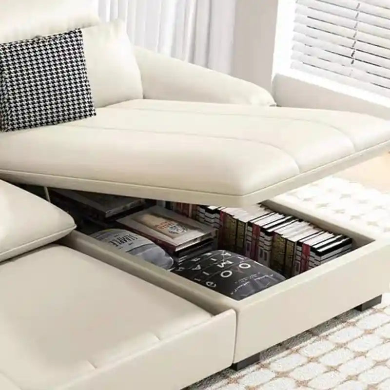 sofa bed storage shown in the pull-out sleeping position with hidden storage alternate side angle