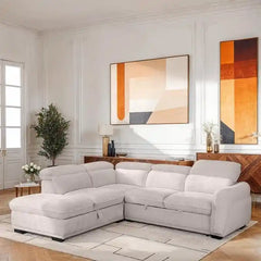 sleeper sofa set shown in the pull-out sleeping position with concealed storage