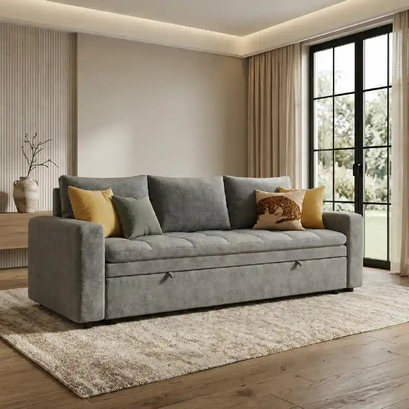 grey sofa bed with storage showing the sofa-to-bed conversion with storage lounger
