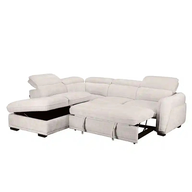 sofa bed with storage shown in the pull-out sleeping position with concealed storage alternate front angle