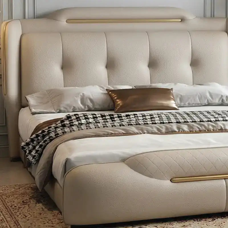 bed with tufted headboard shown in a compact double-bed layout with deep button-padded headboard