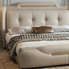 bed with tufted headboard shown in a compact double-bed layout with deep button-padded headboard