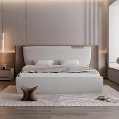 luxury bed shown in a compact double-bed layout with wide curved headboard