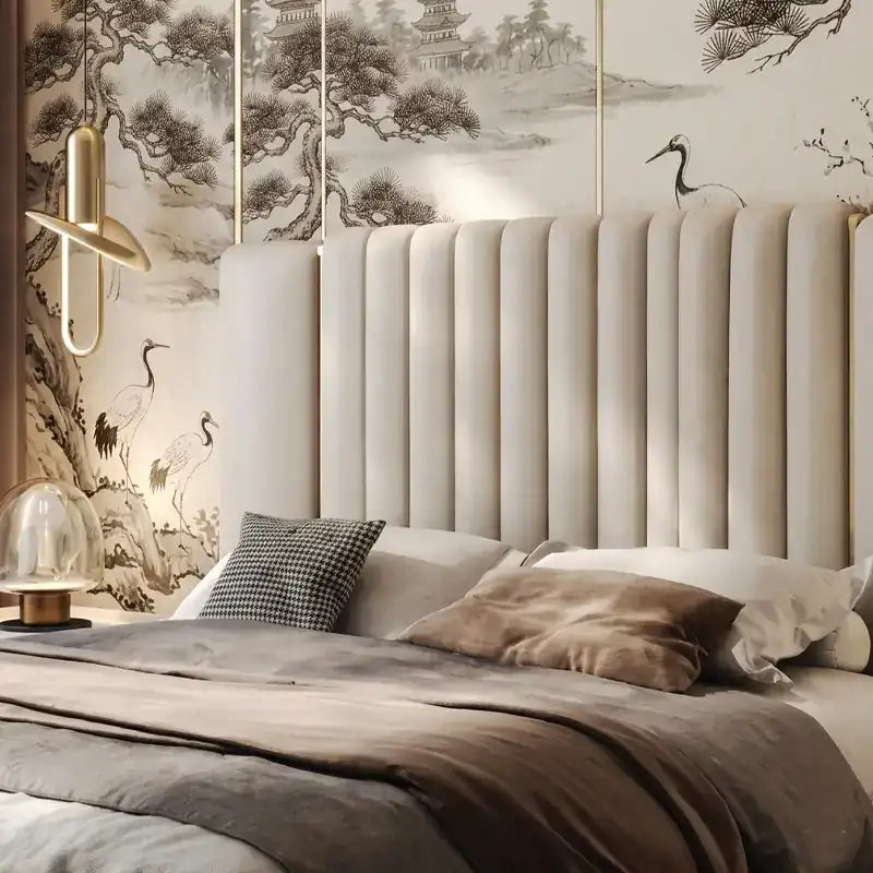 double bed shown in a compact double-bed layout with tall padded headboard