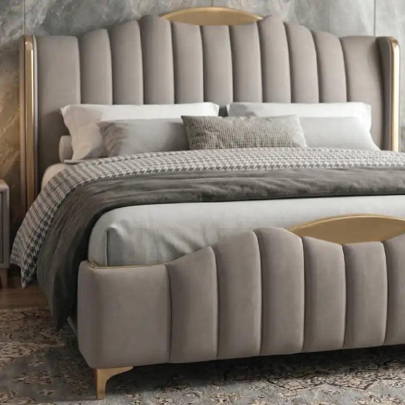 wingback bed shown with a balanced mattress layout with wide side-panel headboard alternate front angle