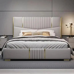 queen size bed shown in a compact double-bed layout with tall padded headboard