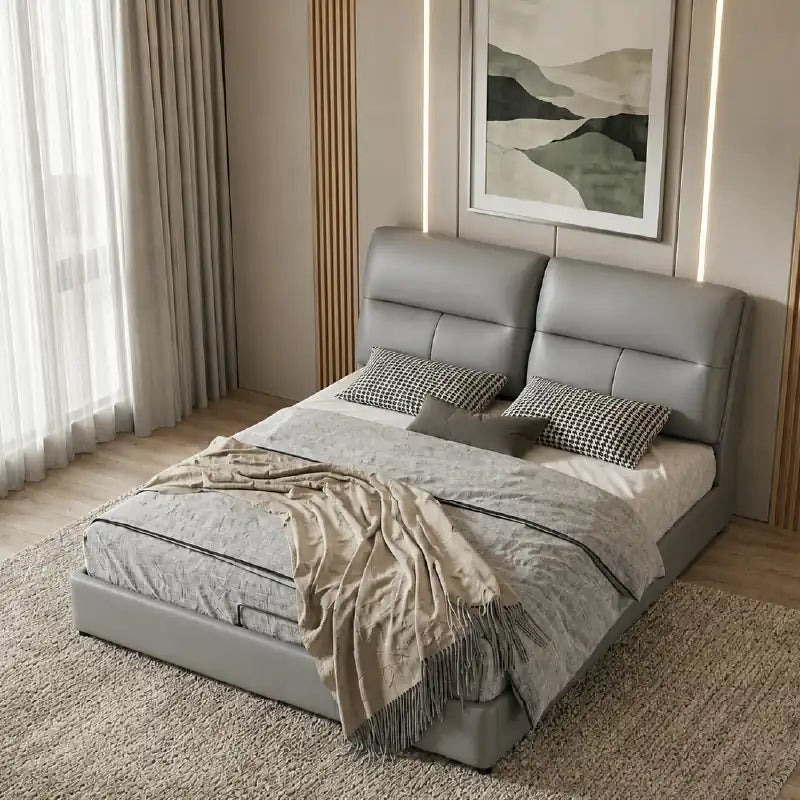 hydraulic storage bed showing the lift-up storage area with cushioned headboard alternate front angle