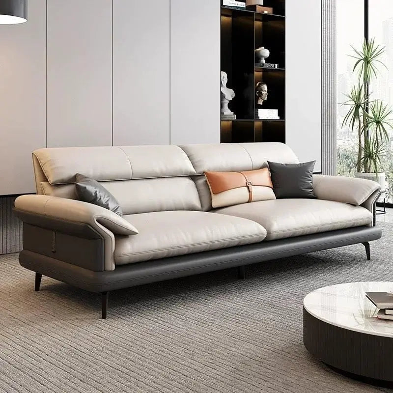 leatherette sofa set with front view showing pillow-top arm support, upholstery close-up