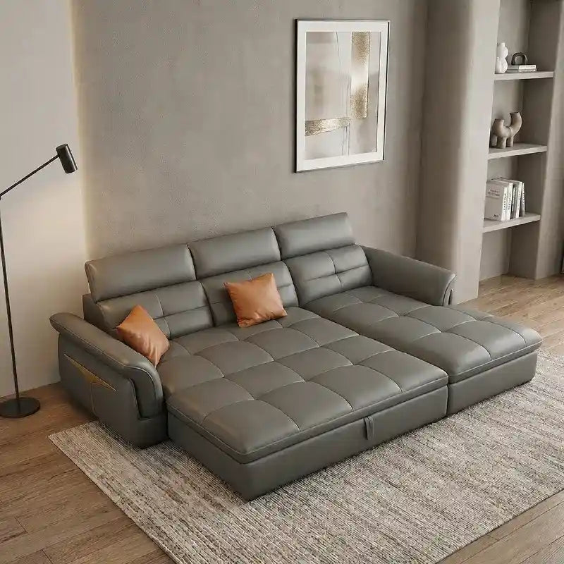 l shape sofa bed opened as a guest sleeping surface with storage lounger