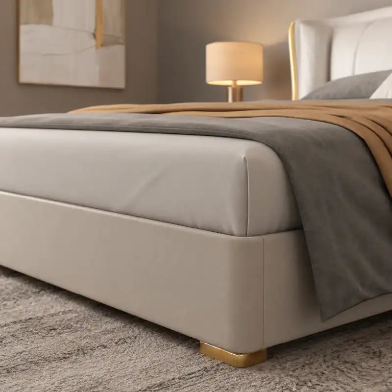 queen size upholstered bed shown in a compact double-bed layout with wide padded headboard alternate front angle