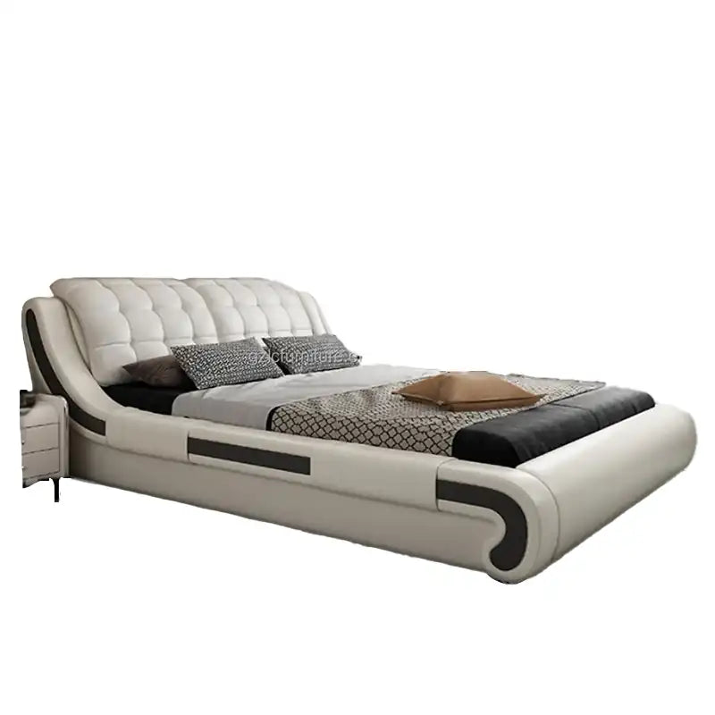 leatherette bed close view of the upholstery and stitching with deep padded headboard