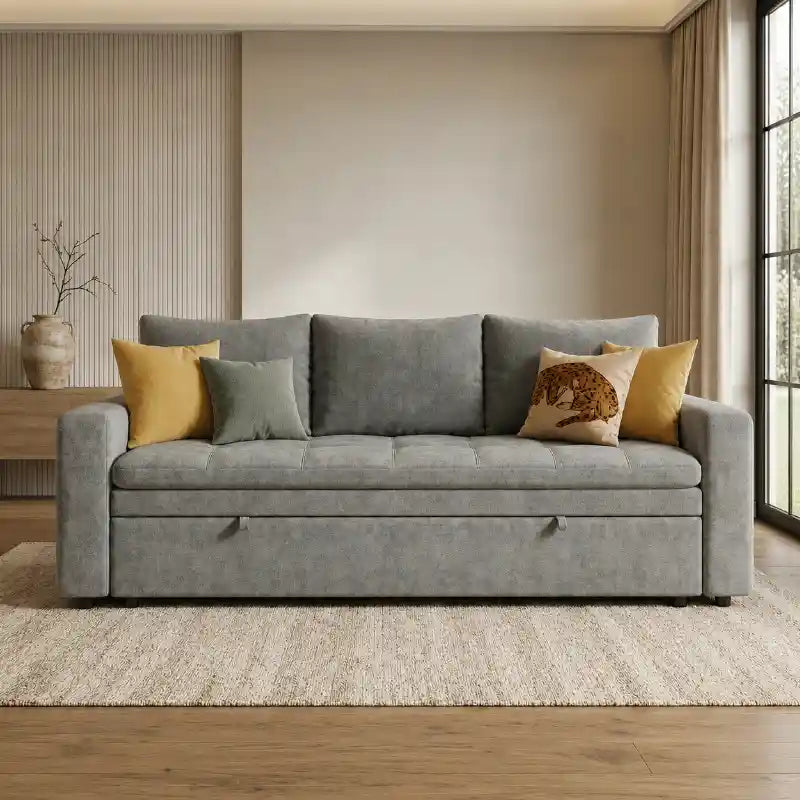 sofa bed with storage opened as a guest sleeping surface with storage lounger alternate front angle