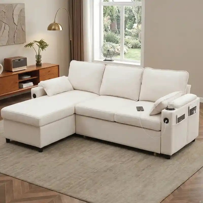 pull out sofa bed lounge section and backrest view with cup holders