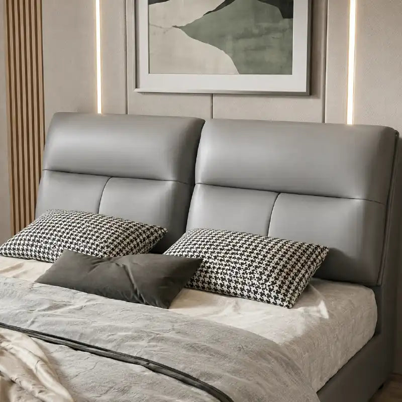 upholstered storage bed shown in a compact double-bed layout with cushioned headboard alternate front angle