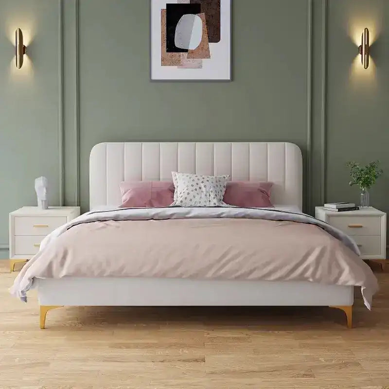 minimalist platform bed shown in a spacious bed layout with rounded padded edges alternate front angle