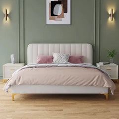 minimalist platform bed shown in a spacious bed layout with rounded padded edges alternate front angle