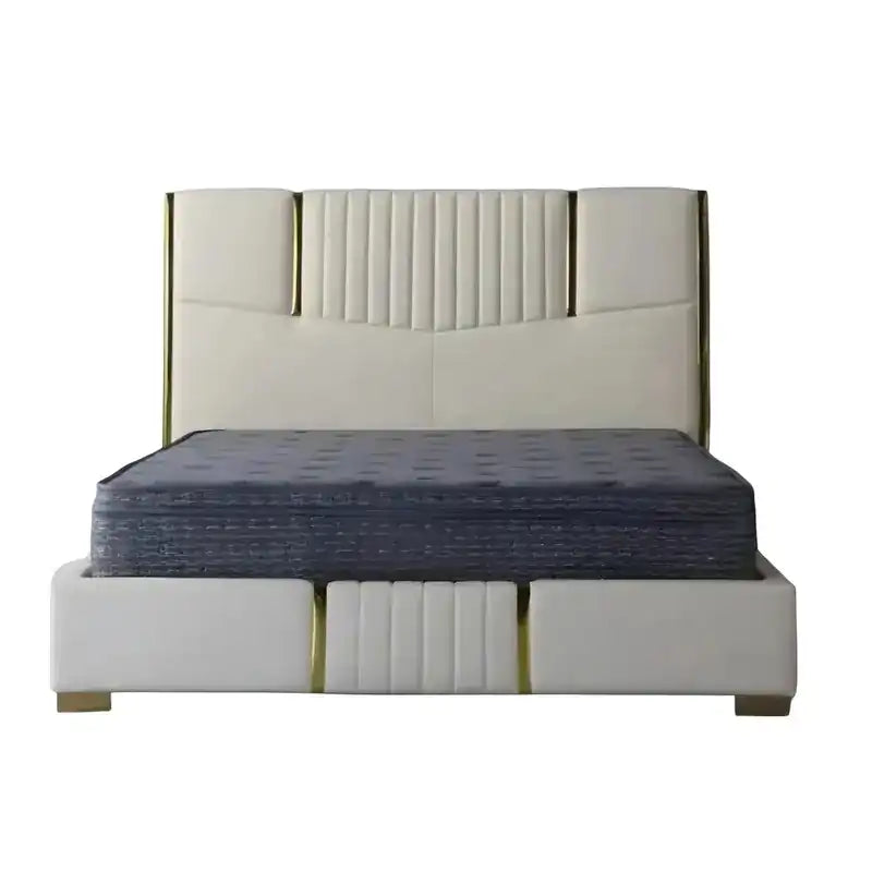upholstered bed shown in a spacious bed layout with tall padded headboard alternate front angle