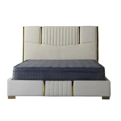 upholstered bed shown in a spacious bed layout with tall padded headboard alternate front angle