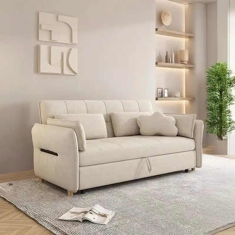 l shape sofa bed shown in the pull-out sleeping position with L-shape lounger