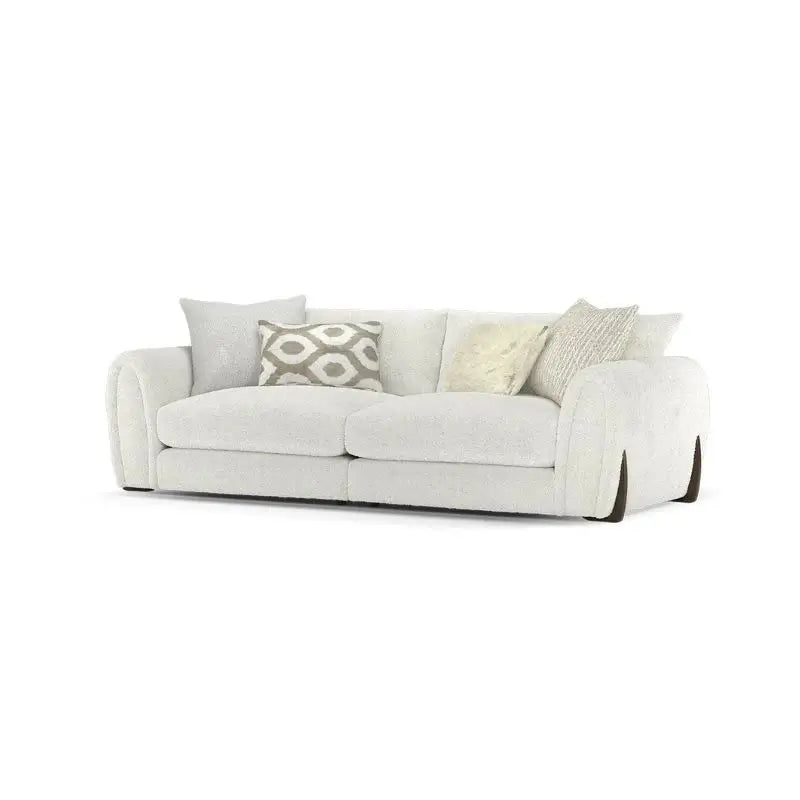 L shape sofa with curved arms and wooden accent details, armrest detail