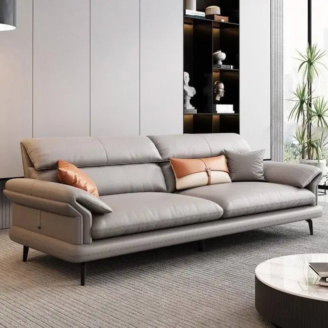 leatherette sofa with side angle with floating metal-leg profile, leg detail