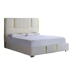 queen size bed close view of the padded headboard with tall padded headboard