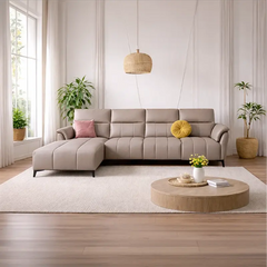slim black legs, creates a balanced luxury sofa presence without visual bulk