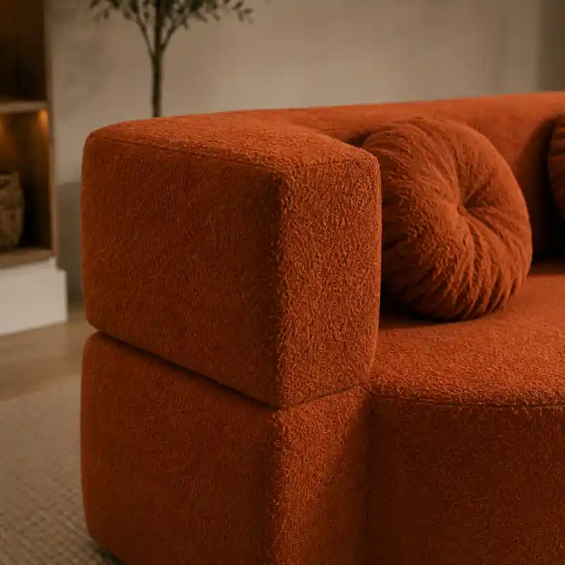 fold out sofa bed showing the built-in storage compartment with textured fabric