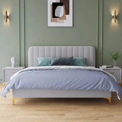 low profile platform bed shown with a balanced mattress layout with rounded padded edges