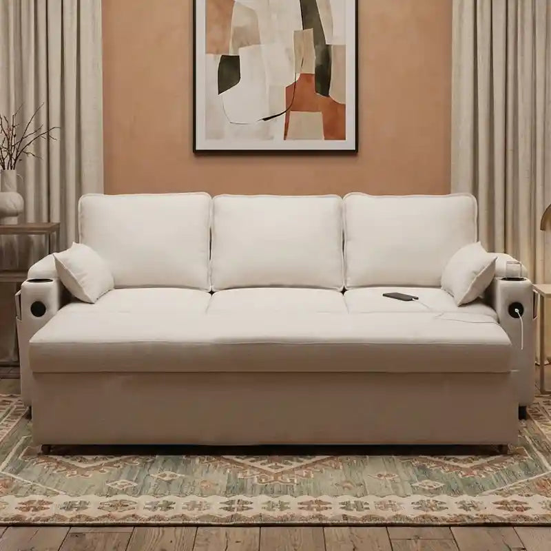 pull out sofa bed couch in an L-shaped seating layout with cup holders alternate front angle